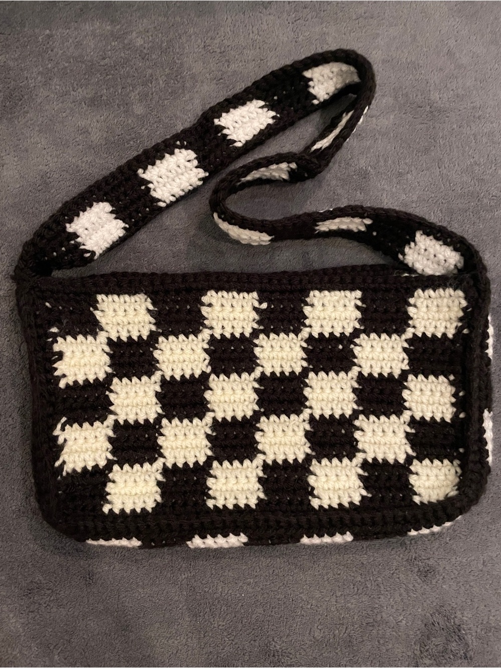 Handmade Black and Cream Crochet Checkerboard Shoulder Bag